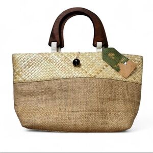 Natural Woven Tote Bag with Wooden Handles